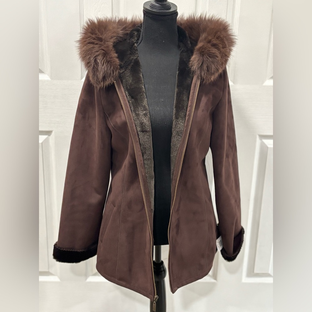 Marvin Richards Vtg Chocolate Brown  Faux Sued Jacket with Fox Fur Trim size S